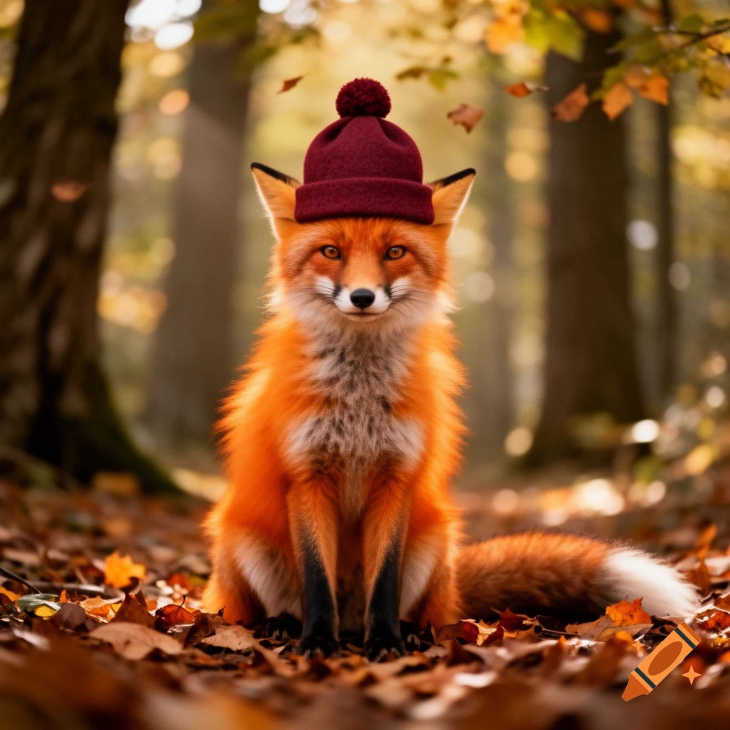 A photorealistic orange fox wearing a red knitted hat sits among fallen autumn leaves in a sunlit forest.