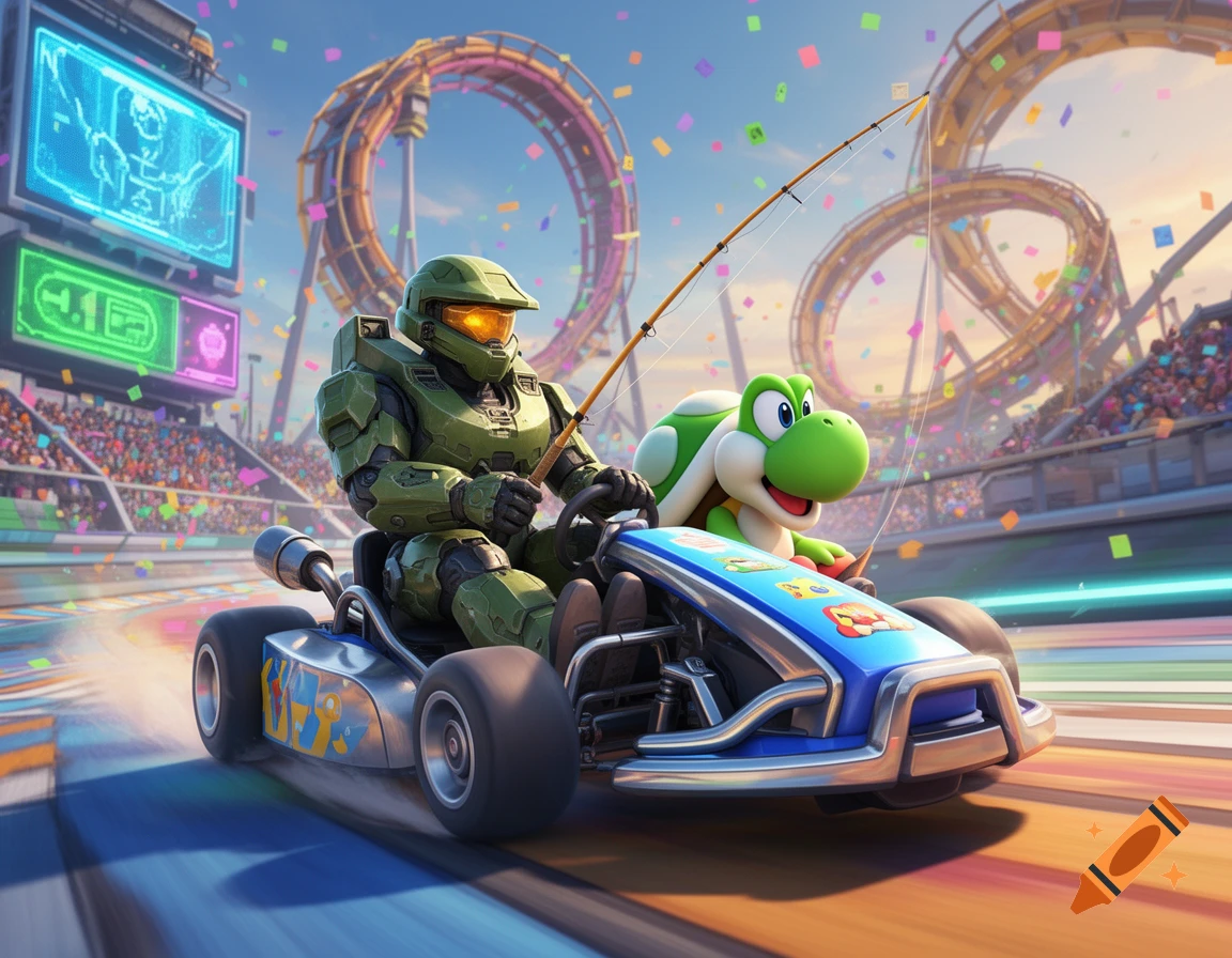 Master Chief from Halo and Yoshi from Mario Kart race in a go-kart, with Master Chief holding a fishing rod. The colorful race track and stadium are filled with confetti and roller coasters in the background, rendered in a vibrant, stylized art style.