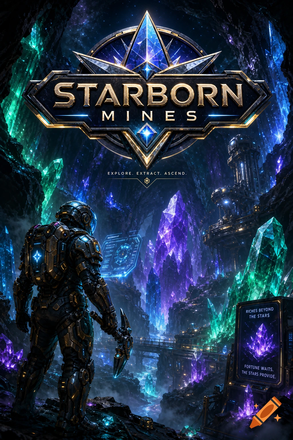 A futuristic man in a glowing suit surveys a cavern filled with vibrant, illuminated crystals, with a 'Starborn Mines' logo overhead.