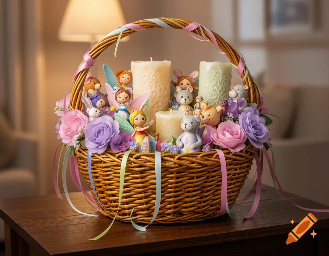 A whimsical gift basket filled with small fairy figurines, teddy bears, bunnies, candles, and pastel flowers, adorned with colorful ribbons, sitting on a wooden table.