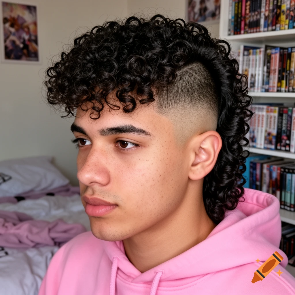 A close-up, photorealistic portrait of a young man with dark curly hair styled in a modern mullet with a low burst fade, wearing a pink hoodie.