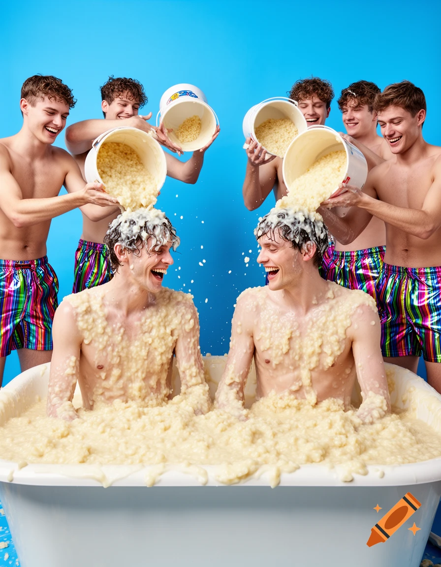 Six smiling shirtless men with colorful shorts in a bright blue setting. Two men sit in a bathtub filled with rice pudding, as four friends pour more pudding from buckets over their heads.
