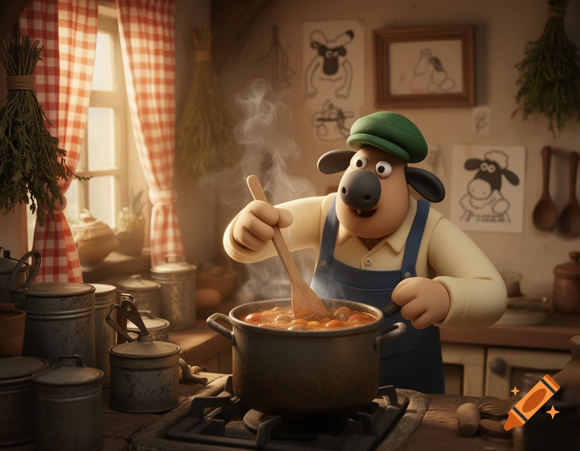 Shaun the Sheep's farmer in a green hat and blue overalls stirring a pot of stew on a stove in a rustic kitchen, 3D animation style.