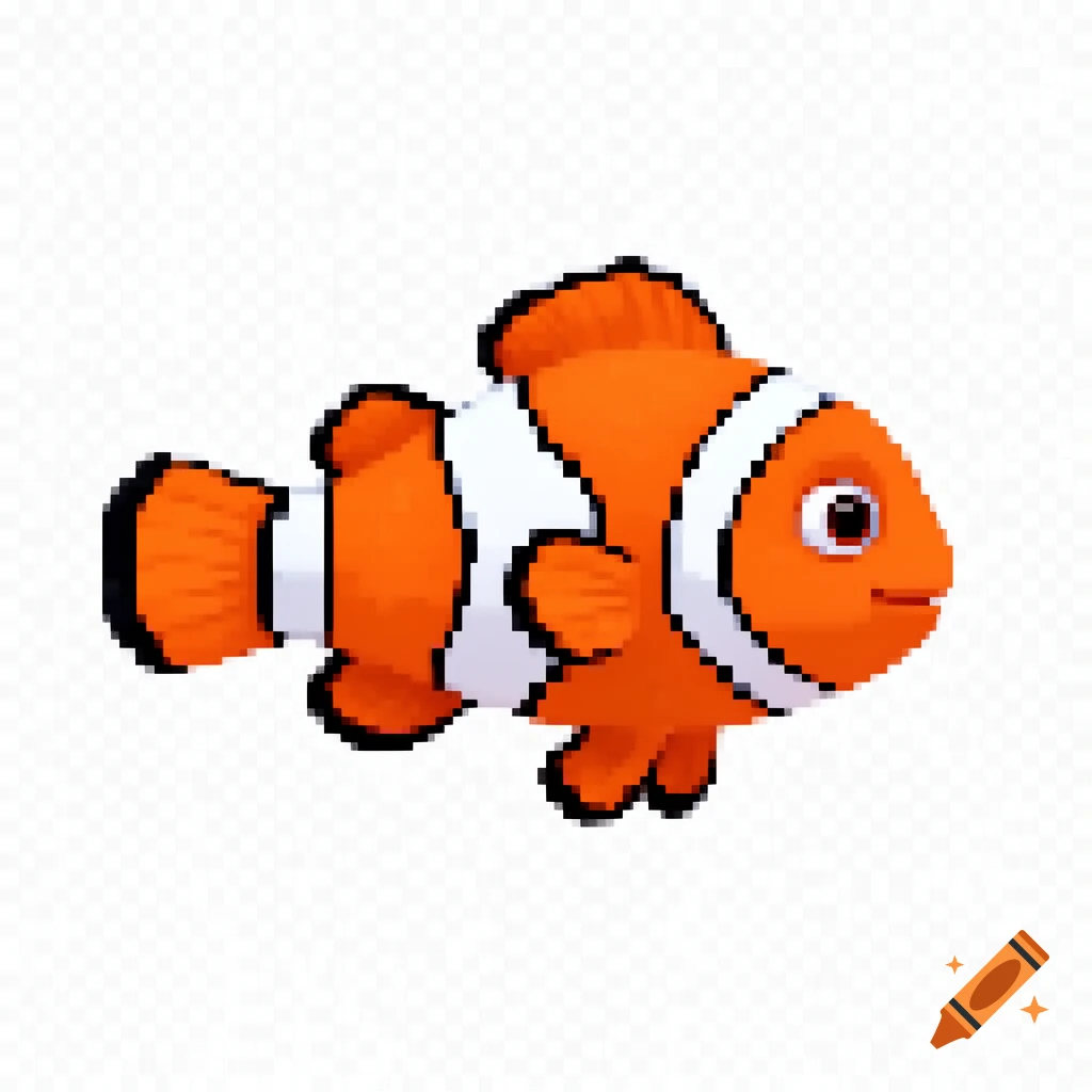 A cute orange and white pixel art clownfish on a transparent background.