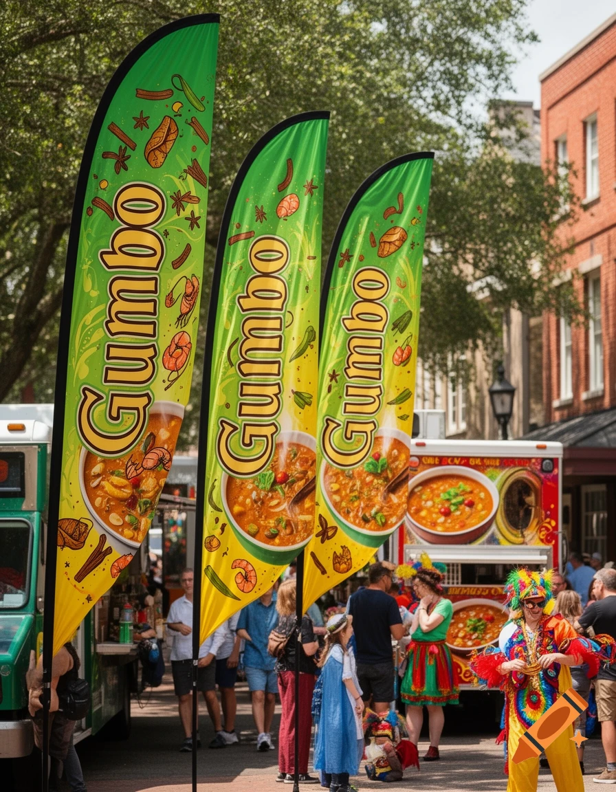 Three 'Gumbo' feather flags stand tall at a bustling street food festival with food trucks and people, including a person in a colorful costume.