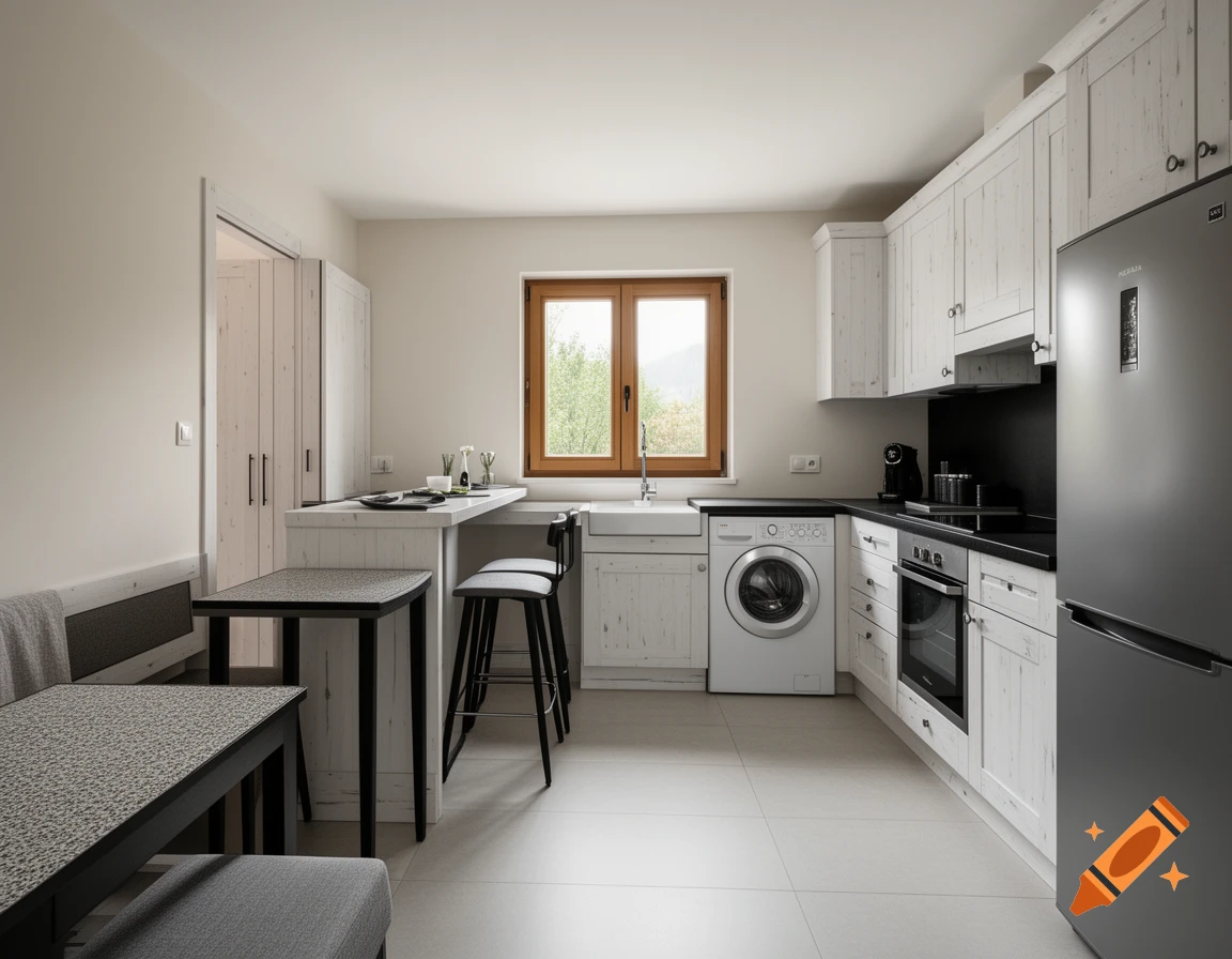 A modern kitchen with white wooden cabinets, black countertops, stainless steel appliances, a dining table, and bar stools.