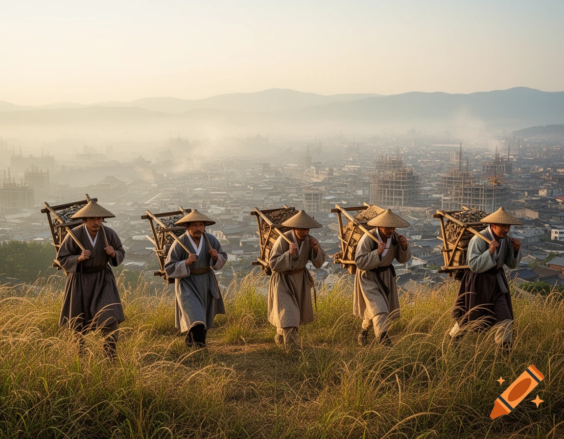 Five men in traditional Korean clothing and straw hats carry large baskets on a grassy hill overlooking a hazy historical city at dawn.