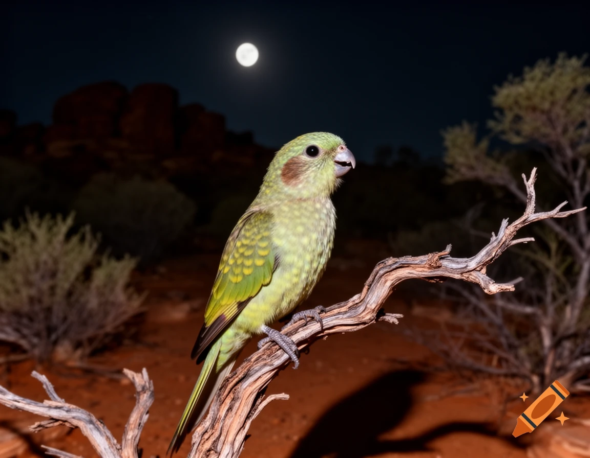 A vibrant green-yellow night parrot perches on a gnarled branch in a desert landscape at night under a full moon.