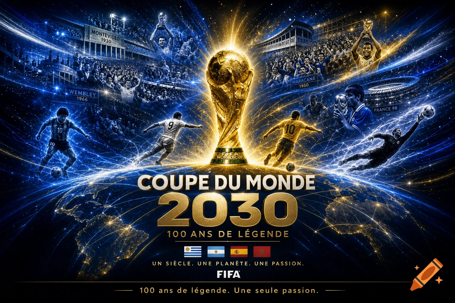 A stylized, dynamic collage celebrating the FIFA World Cup, featuring the golden trophy at the center, surrounded by famous players, iconic stadiums, and cheering crowds, all bathed in blue and gold light with energetic particles. Text reads "COUPE DU MONDE 2030" and "100 ANS DE LÉGENDE".