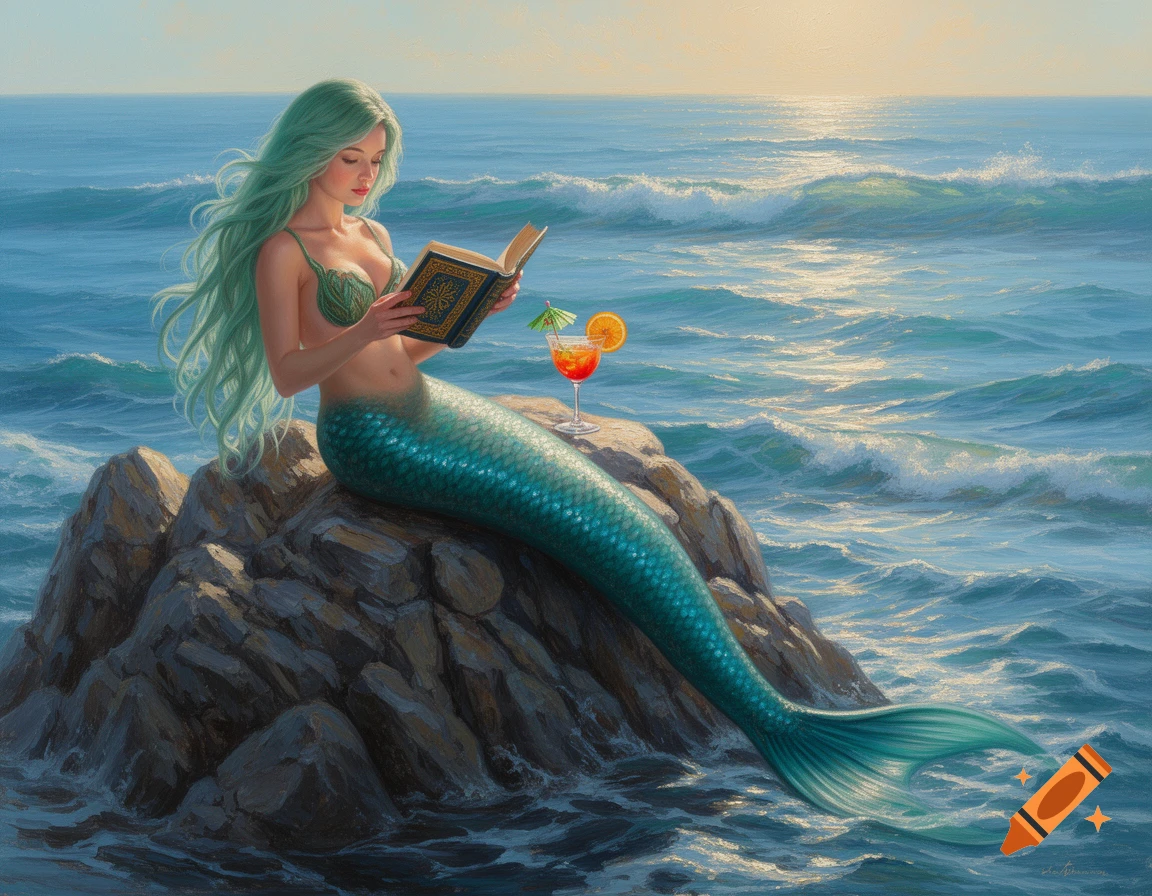 Mermaid with long green hair and a teal tail sitting on a rock in the ocean, reading a book with a cocktail nearby, oil painting style.