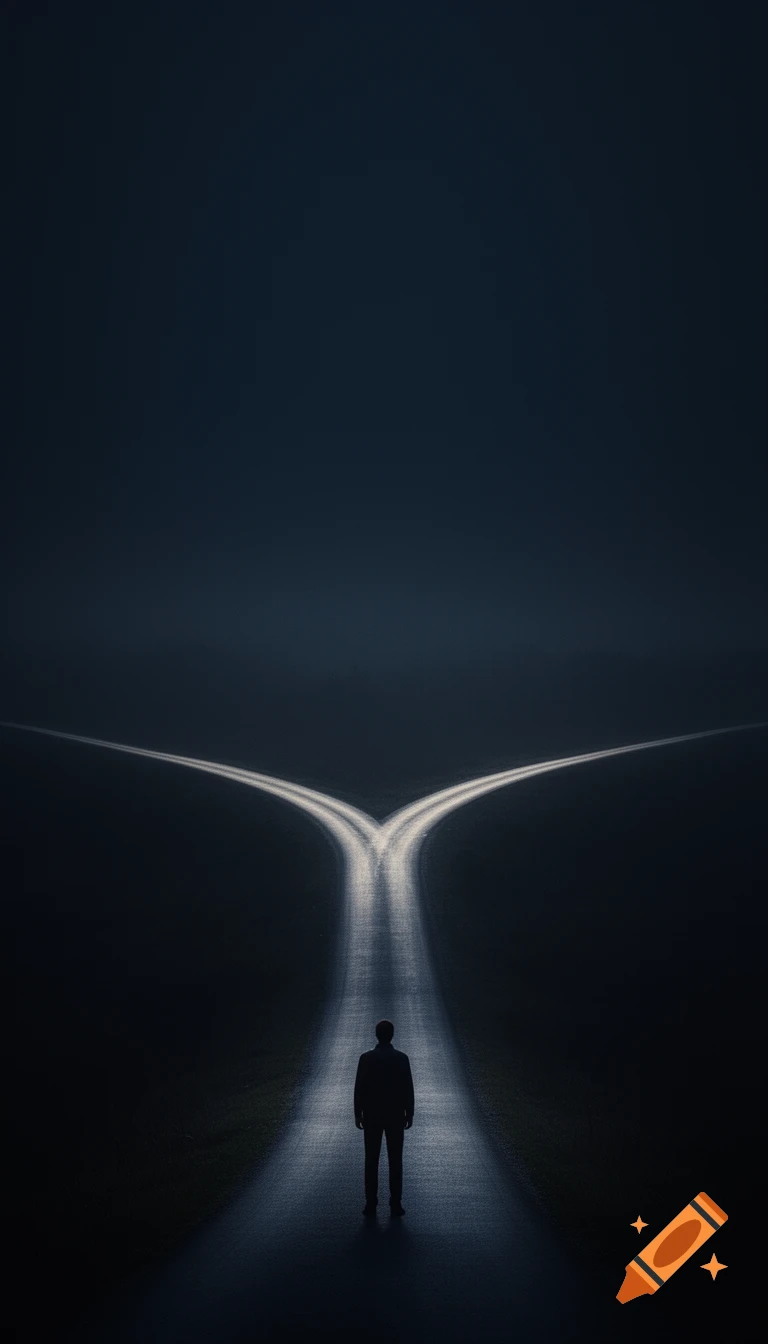 A lone, silhouetted figure stands on a dark path that splits into two illuminated diverging roads under a deep blue sky.