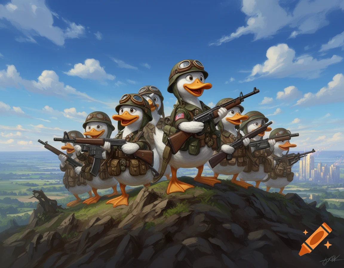 A squad of anthropomorphic ducks wearing military gear and helmets, holding rifles, standing on a rocky hill overlooking a city skyline and landscape under a blue sky.