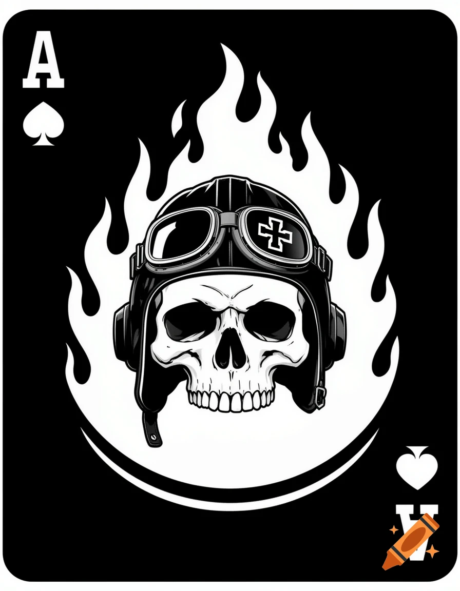 A black and white Ace of Spades playing card featuring a skull in a pilot helmet with goggles and a cross symbol, surrounded by white flames.
