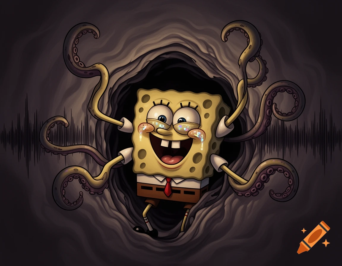 SpongeBob SquarePants with a creepy smile and six tentacles emerges from a dark opening with sound waves in this cartoon art.