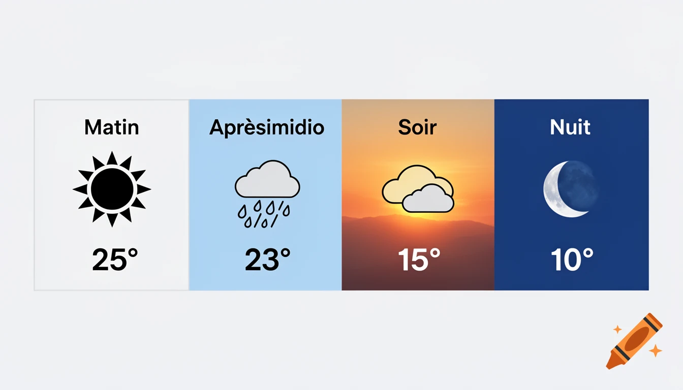 Weather forecast graphic divided into four sections: Matin (sun, 25"), Apr esmidio (rain, 23"), Soir (sunset with clouds, 15"), Nuit (moon, 10").