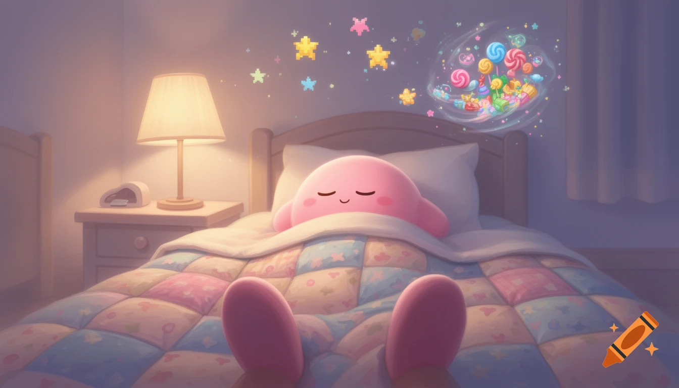 Kirby sleeps peacefully in bed, dreaming of colorful candy and pixelated stars, viewed from a first-person perspective.