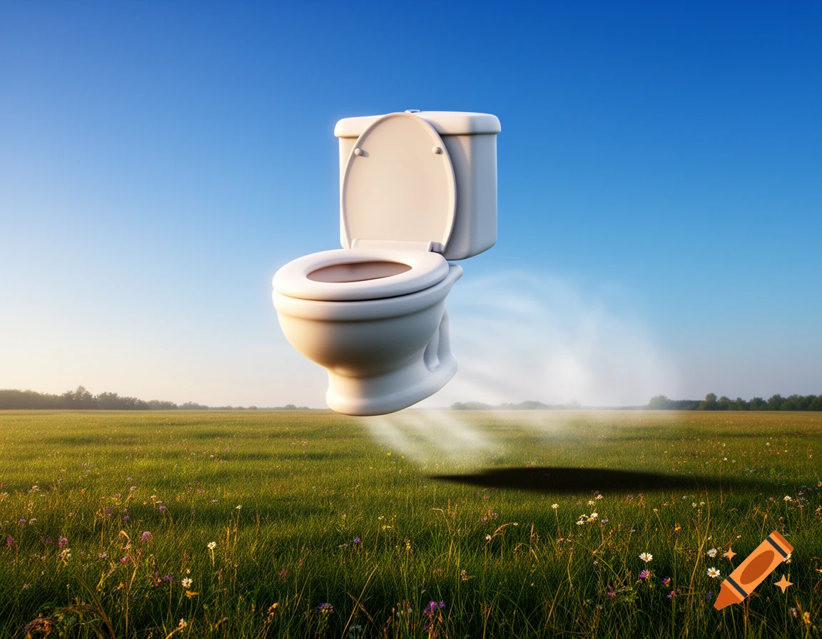 A white toilet with its lid open flies over a green grassy field under a clear blue sky, casting a shadow.