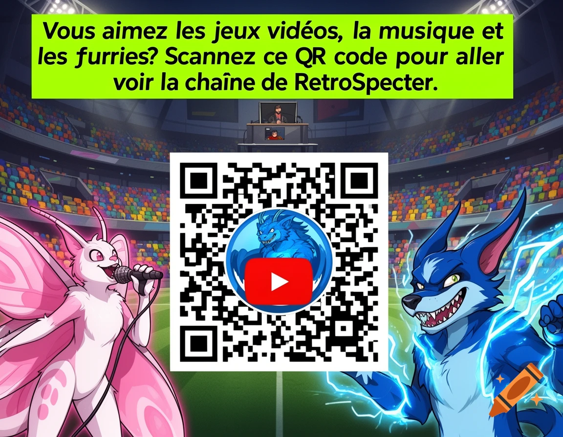Colorful promotional graphic with a large QR code featuring a blue dragon logo and YouTube play button. Two furry characters, a pink moth-like one and a blue wolf-like one, flank the QR code in a stadium setting. French text on a green banner promotes a channel related to video games, music, and furries.