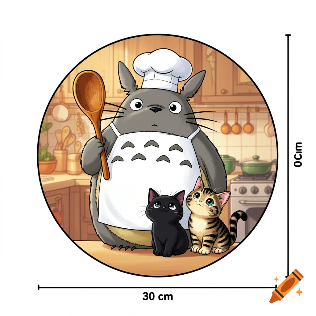 A circular cartoon illustration of Totoro wearing a chef's hat and apron, holding a wooden spoon, standing in a cozy kitchen with two small cats beside him.