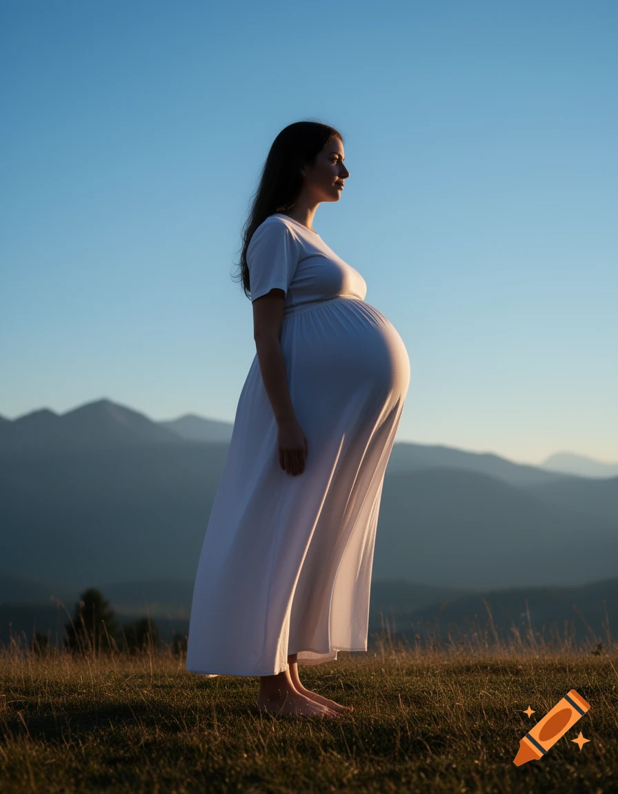 A pregnant woman in a flowing white dress stands in profile on a grassy hill, silhouetted against a sunset sky with mountains.