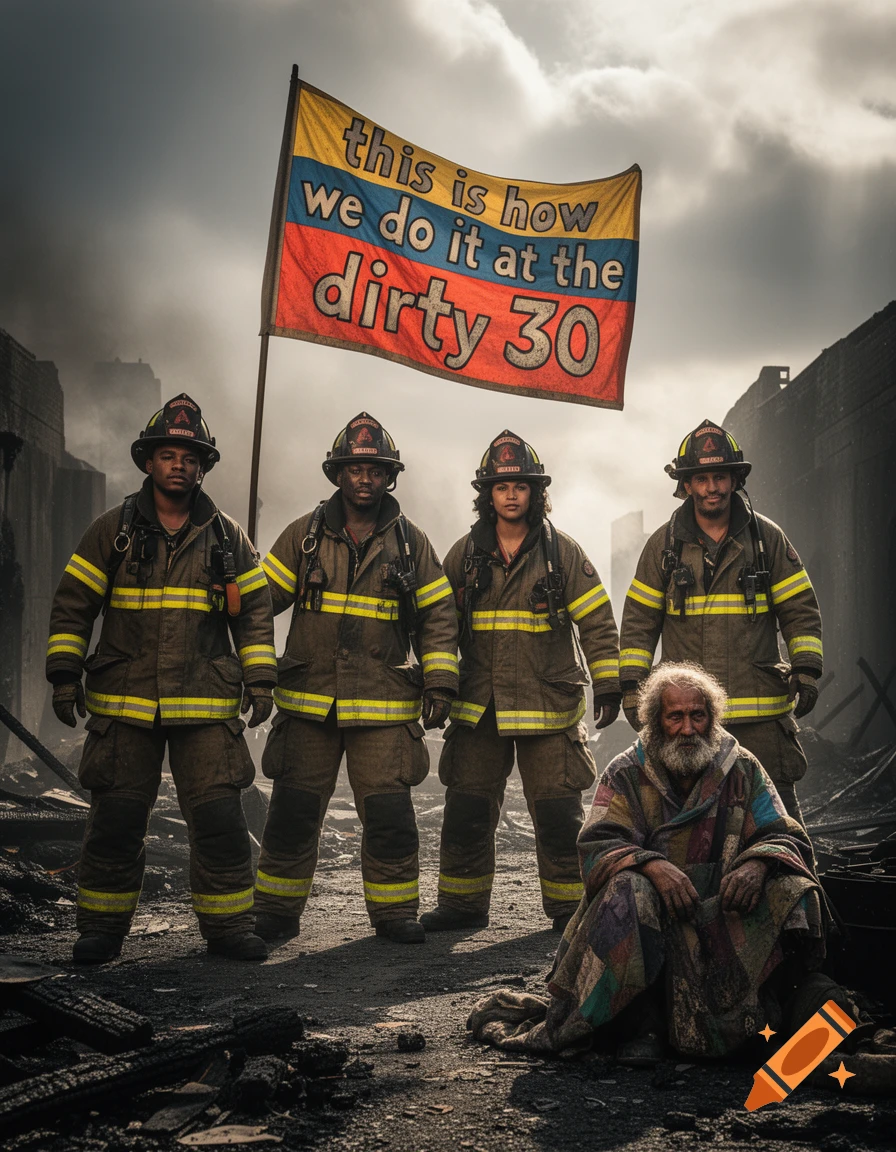 Four firefighters stand in a somber, destroyed urban landscape behind a homeless person sitting on the ground. A flag behind them reads "this is how we do it at the dirty 30."