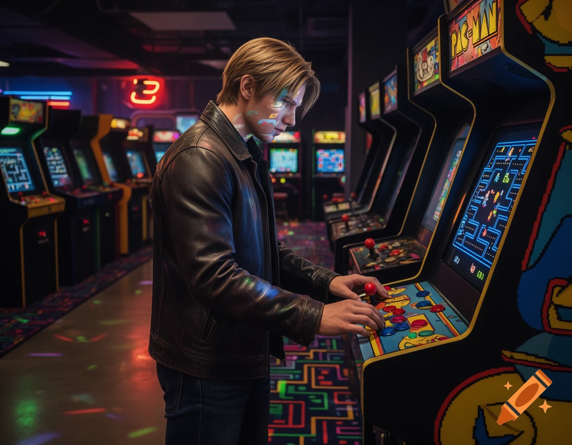 A man with blonde hair and a leather jacket playing Pac-Man at an arcade with neon lights in a photorealistic style.