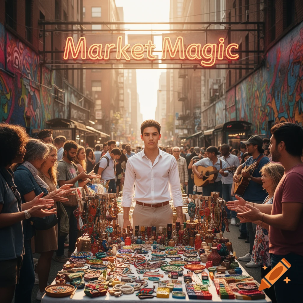 Photorealistic image of a young man behind a stall of colorful goods in a busy street market under a 'Market Magic' neon sign.