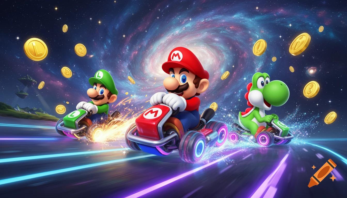 Mario, Luigi, and Yoshi race in their karts across a vibrant, star-filled galaxy track with floating coins and light trails.