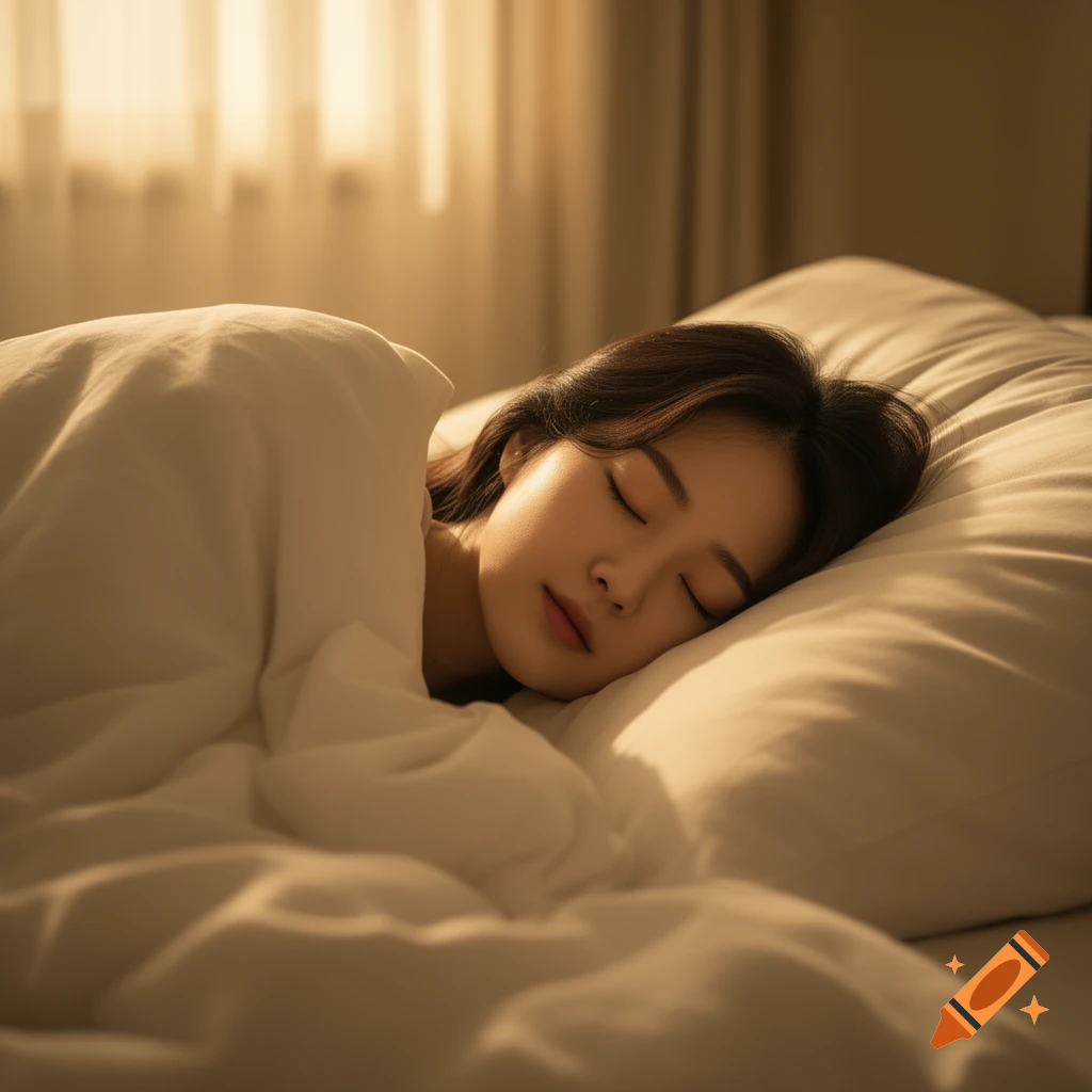 Close-up photorealistic shot of a young woman with dark hair peacefully sleeping on a white pillow and under a blanket in a warmly lit bedroom.
