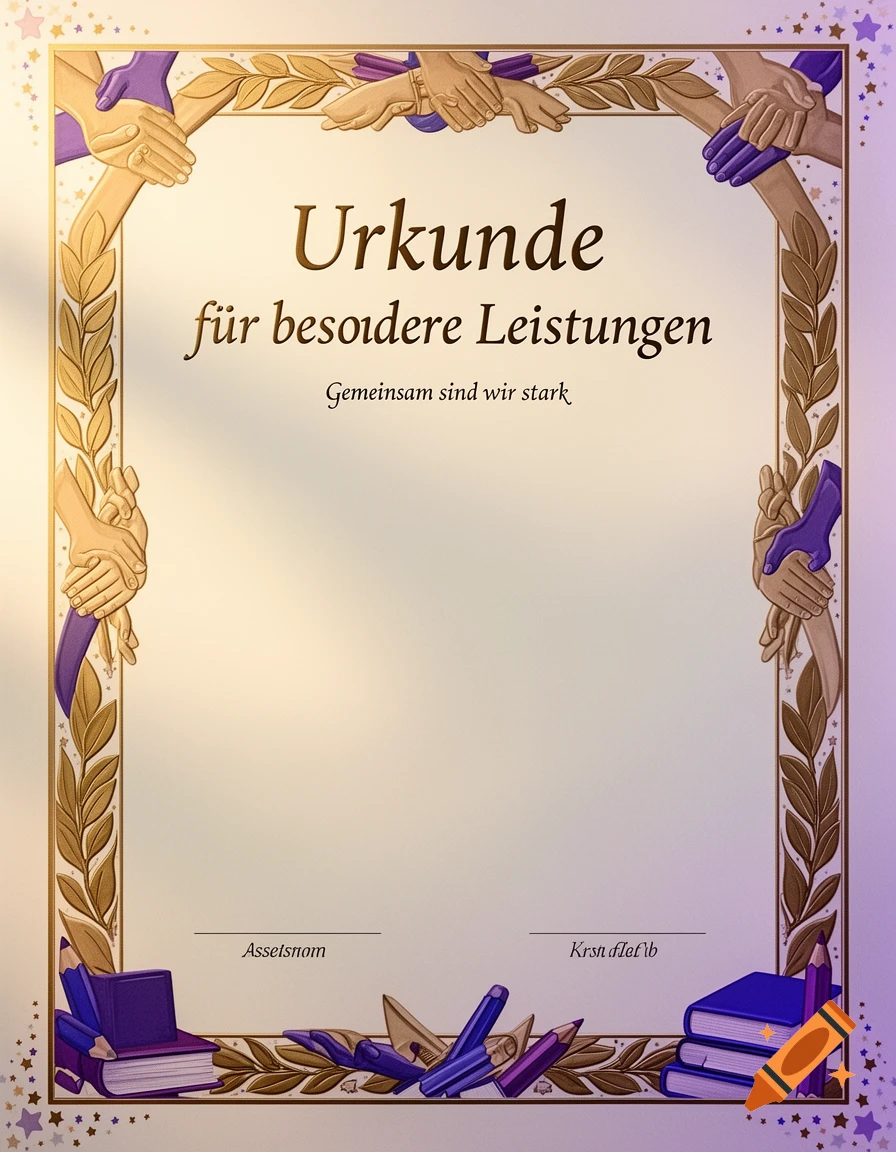 A stylized certificate with a gold and purple border featuring intertwined hands, leaves, books, and pencils. The text reads 'Urkunde für besondere Leistungen Gemeinsam sind wir stark', with placeholder text at the bottom.