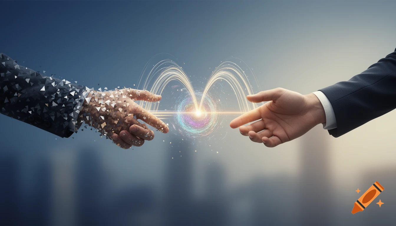 Two hands reaching towards each other over a glowing energy core, one hand appears fragmented into digital shards.
