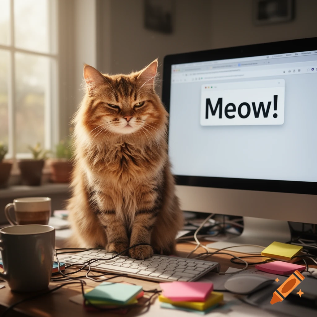 A fluffy tabby cat with a grumpy expression sits on a messy desk in front of a computer screen displaying 'Meow!'