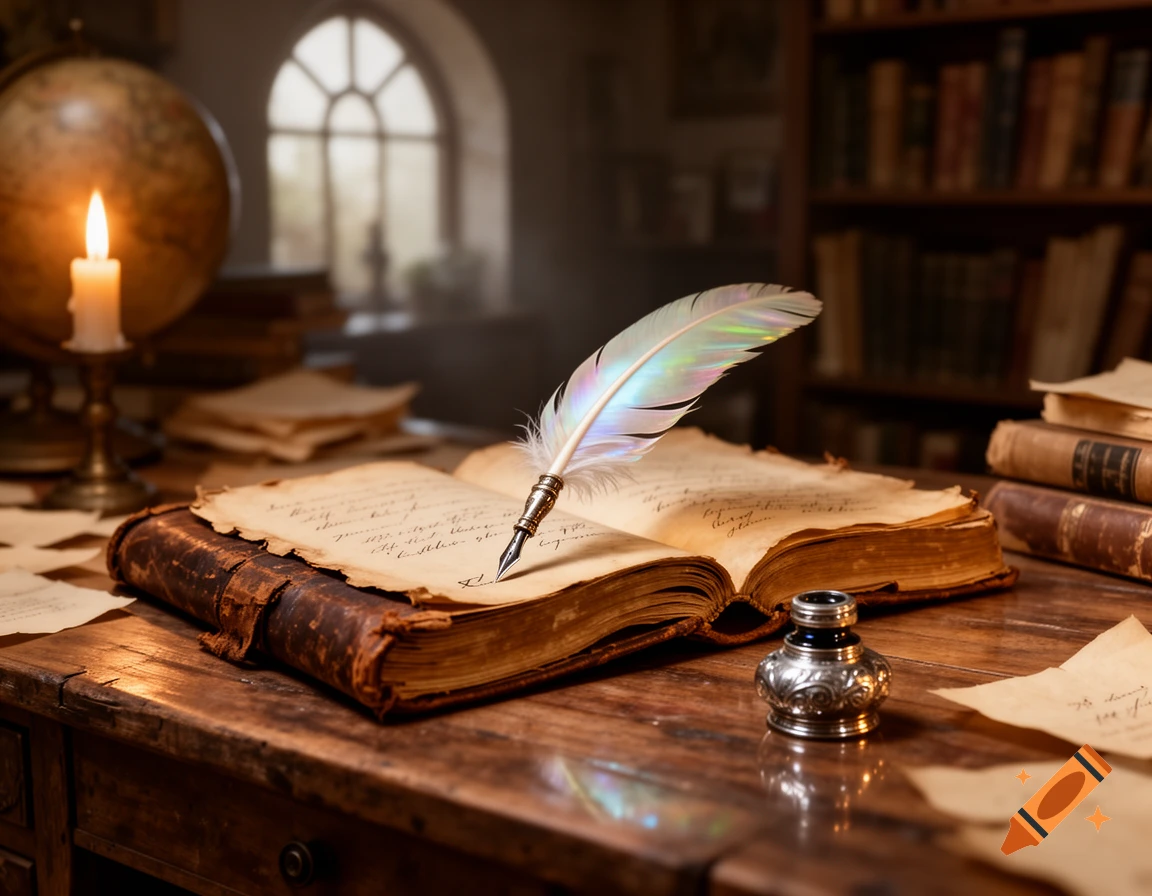 A photorealistic image of an open antique book with a quill, inkwell, and lit candle on a wooden desk in a dimly lit study.