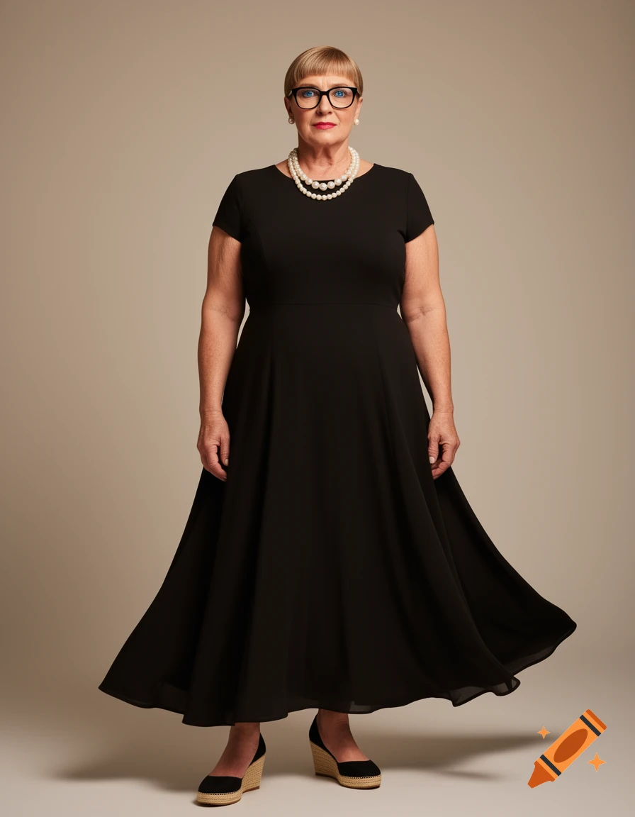 A mature woman with short blonde hair and black glasses wears a black flowing dress, double-strand pearl necklace, and espadrille wedges in a studio.