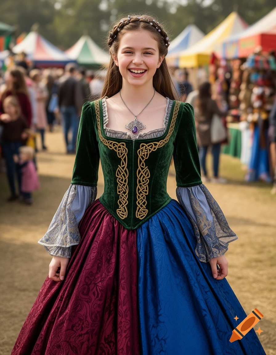 A smiling girl in an elaborate green, red, and blue Renaissance-style gown at an outdoor fair.