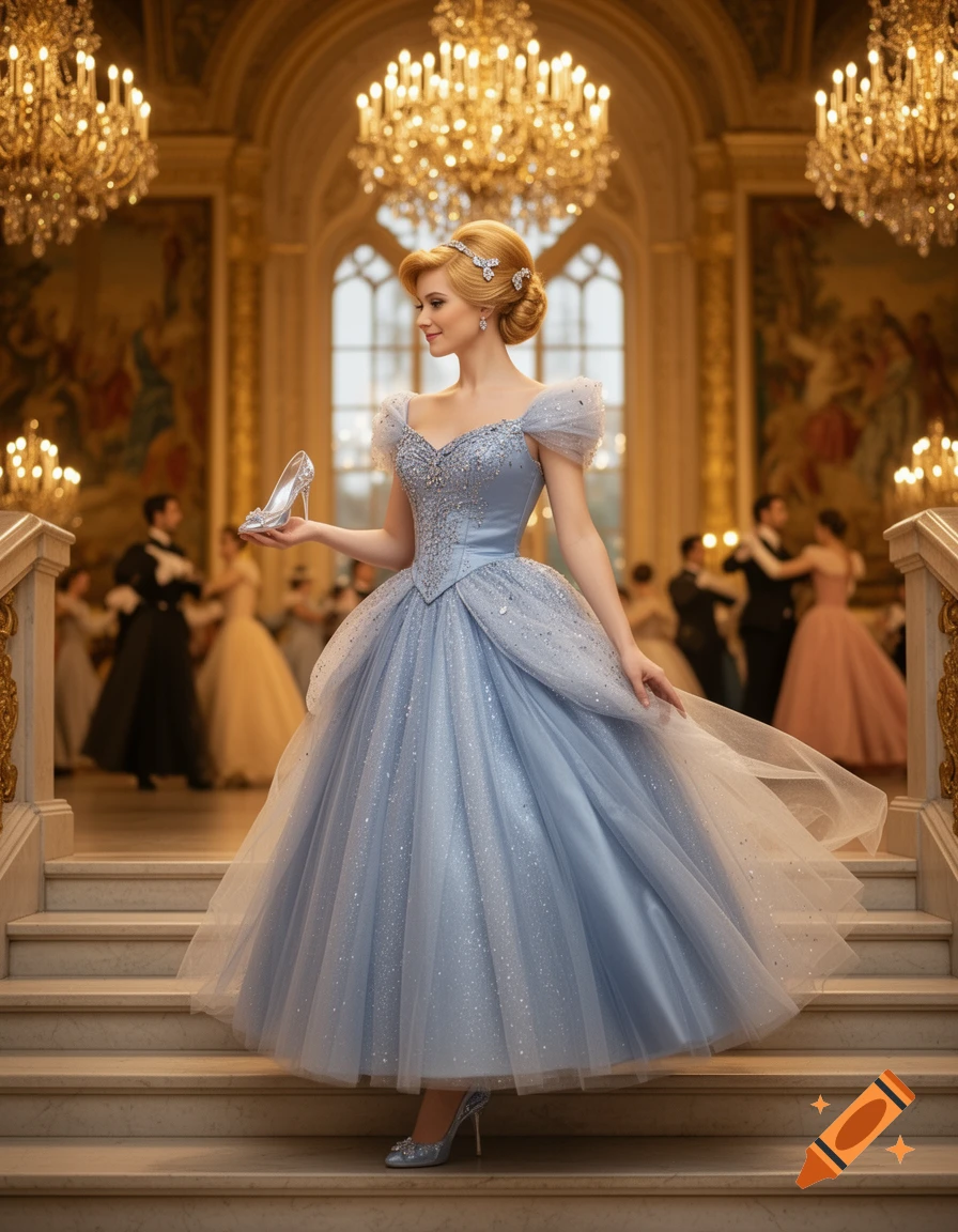Cinderella in a sparkling blue ball gown on a grand staircase, holding a glass slipper, at a royal ball.