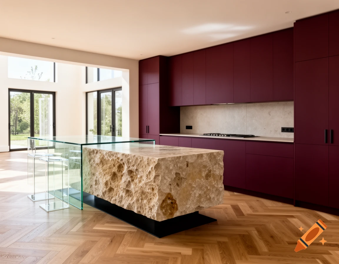Photorealistic modern luxury kitchen with matte burgundy cabinets, a monolithic stone and glass island, and oak herringbone parquet.