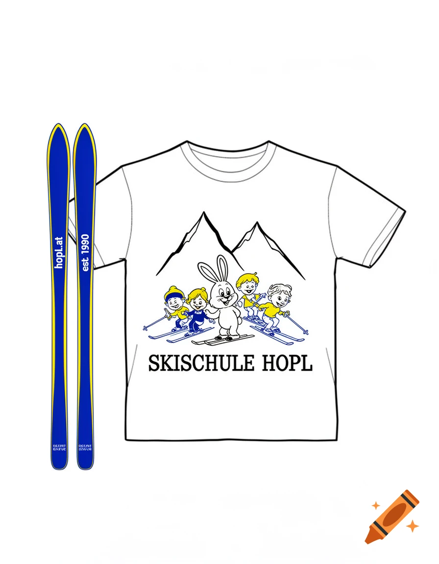 A minimalist white t-shirt design featuring a cartoon bunny and children skiing in front of mountains, with text "SKISCHULE HOPL" and blue and yellow skis with "hopl.at" and "est. 1990".