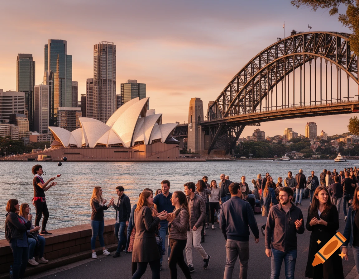 Photorealistic view of Sydney waterfront at sunset with the Opera House, Harbour Bridge, and many people, including a juggler.