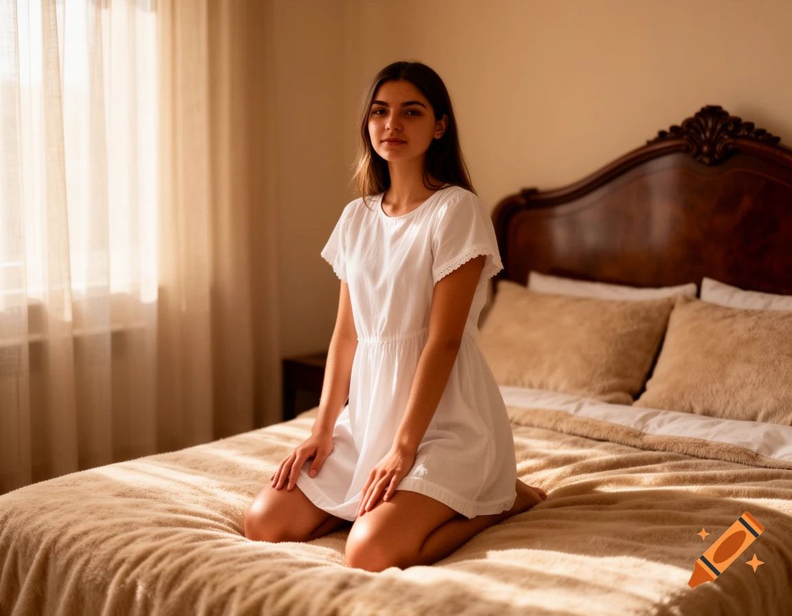 Young woman in a white dress kneeling on a sunlit bed in a bedroom.