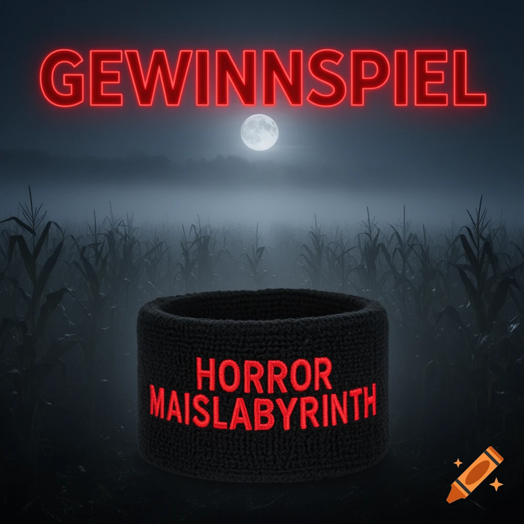 A black knitted wristband with red text "HORROR MAISLABYRINTH" sits in a foggy cornfield at night under a full moon. "GEWINNSPIEL" glows red at the top.