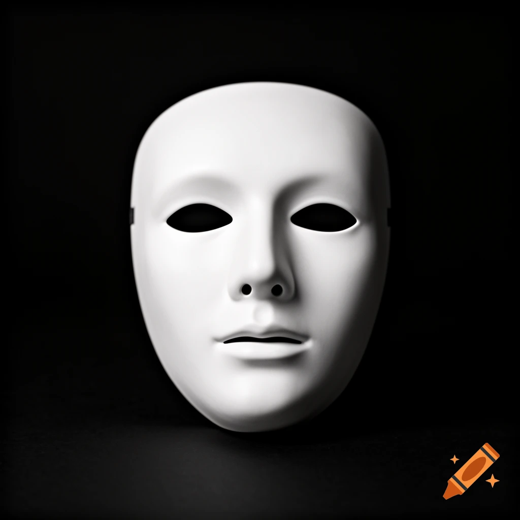 A plain white mask with black eyeholes, nose, and mouth contours, set against a dark black background.