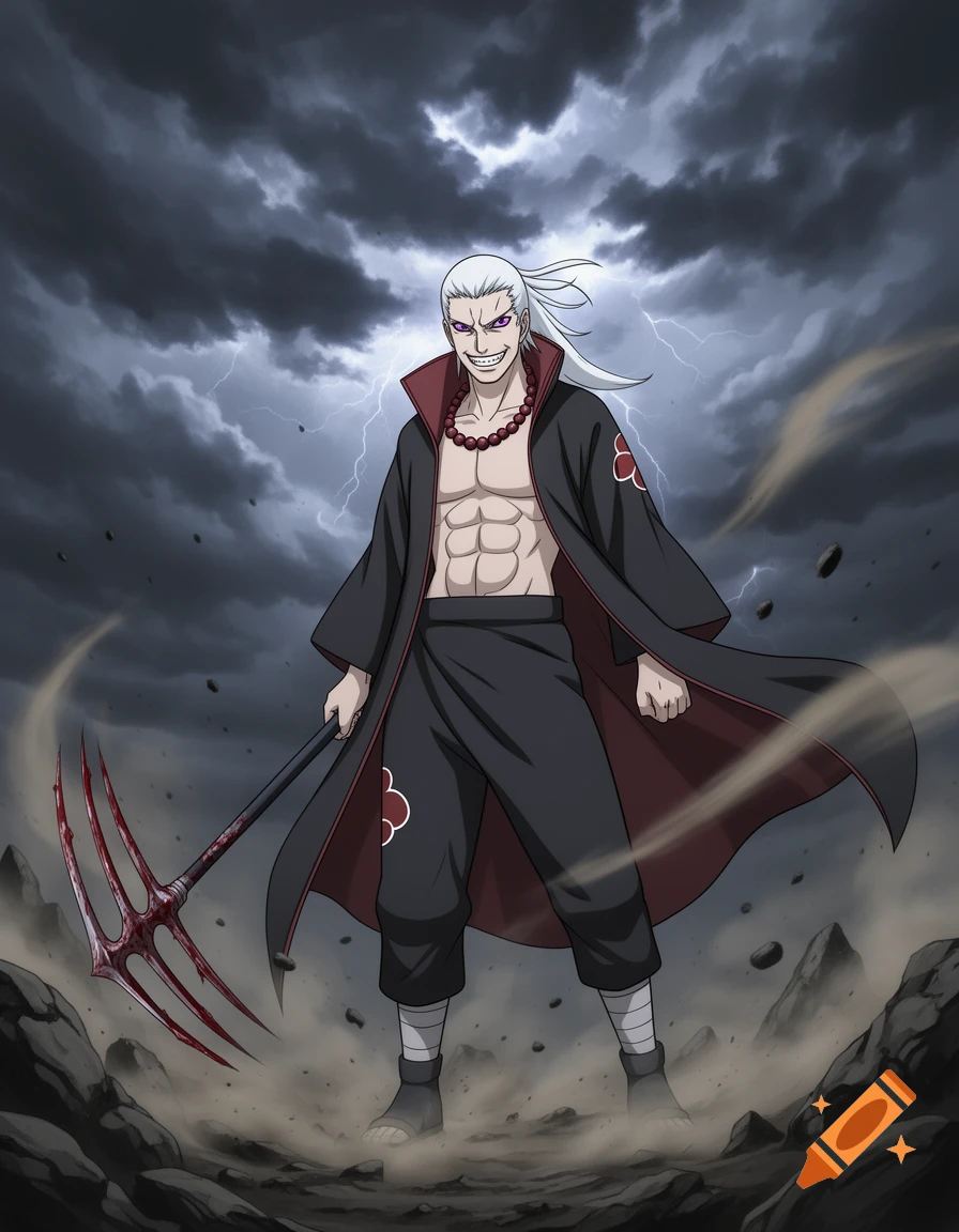 Anime illustration of Hidan with white hair, bare chest, black cloak, holding a bloody trident under a stormy sky.