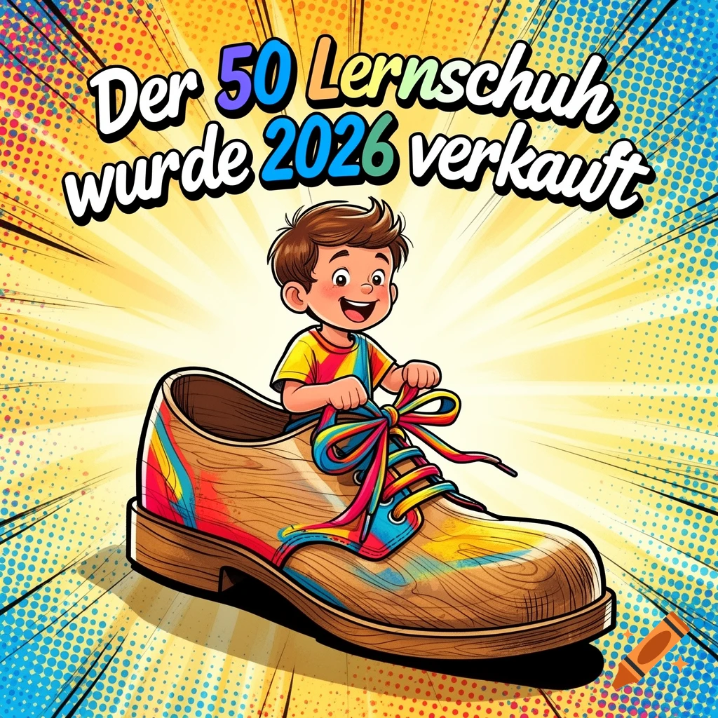 A cartoon child happily ties colorful laces on a giant wooden learning shoe in a vibrant comic art style with text above.