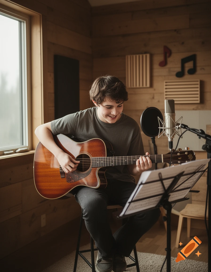 Young man smiles while playing acoustic guitar in a home recording studio with a microphone and sheet music.