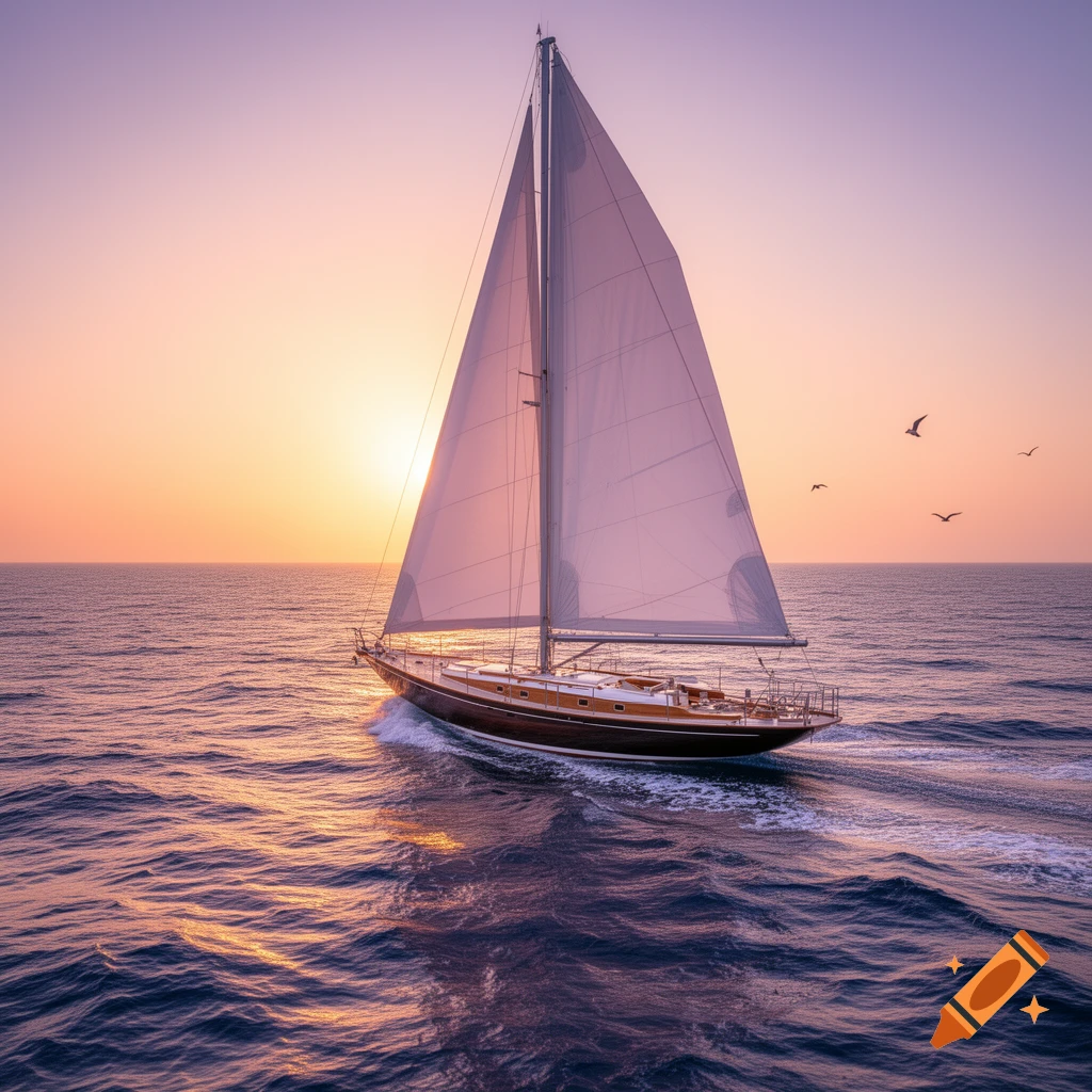 A sailboat glides across the open sea at sunset, with a vibrant orange and purple sky.