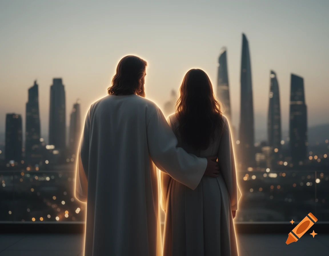 Two glowing figures, one resembling Jesus, seen from behind, look out over a modern city skyline at dusk.