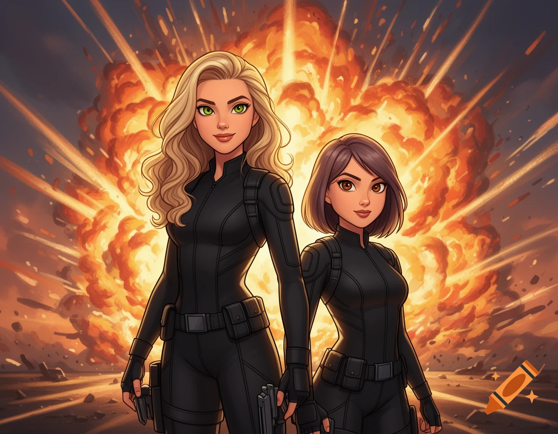 Two cartoon women in black agent outfits stand confidently before a fiery explosion.