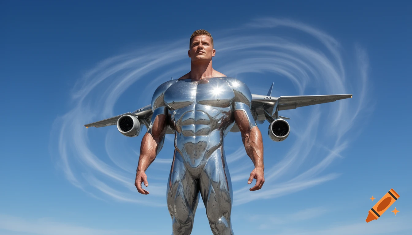 A muscular man in a shiny metallic suit with airplane wings on his back stands under a blue sky with swirling clouds.