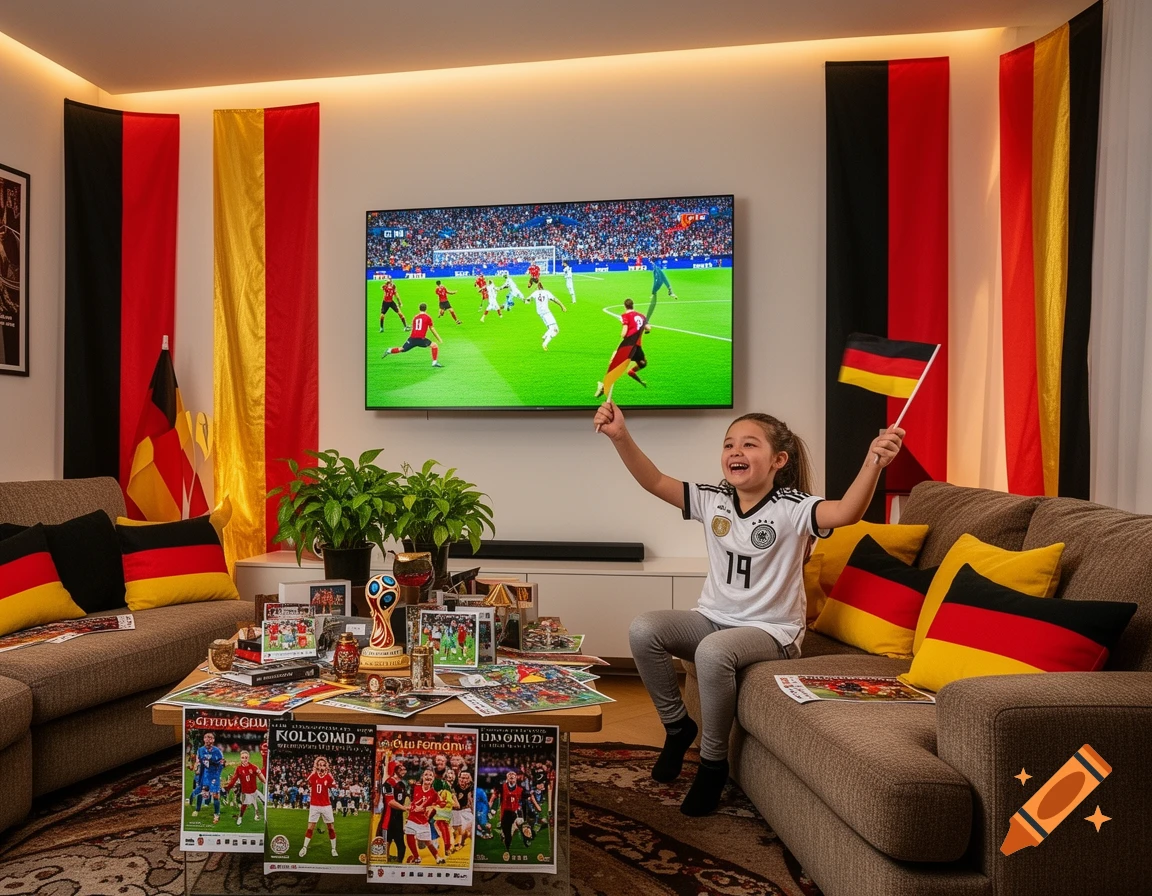 A young girl in a German football jersey cheers with flags while watching a soccer match on TV in a decorated living room.